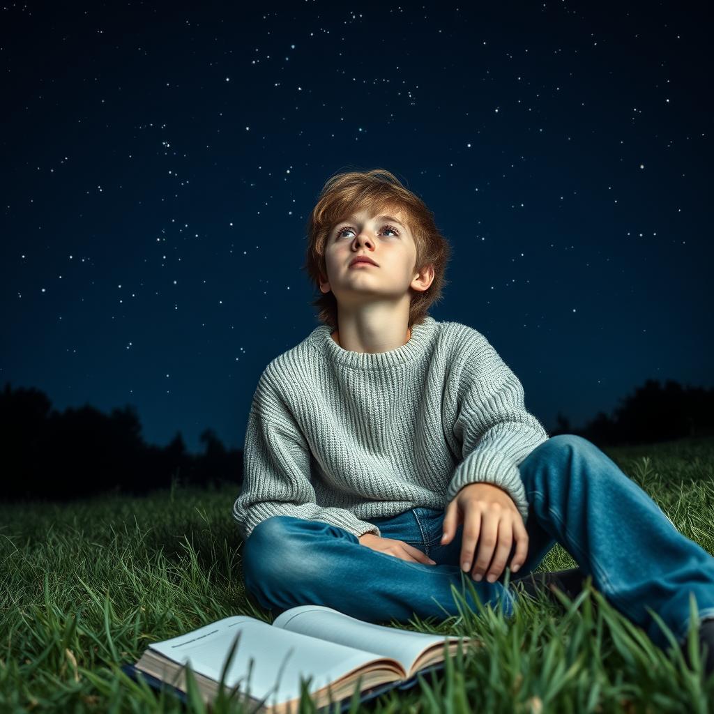 A 15 or 16-year-old teenager sitting on the grass under a starry night sky