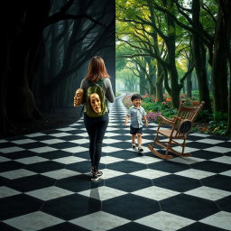 A magical forest divided in half: the left side is a labyrinth of shadows and darkness, evoking a heavy and melancholic atmosphere filled with a sense of oppression and sadness