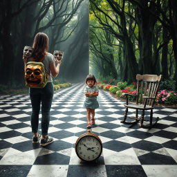 A magical forest divided in half: the left side is a labyrinth of shadows and darkness, evoking a heavy and melancholic atmosphere filled with a sense of oppression and sadness