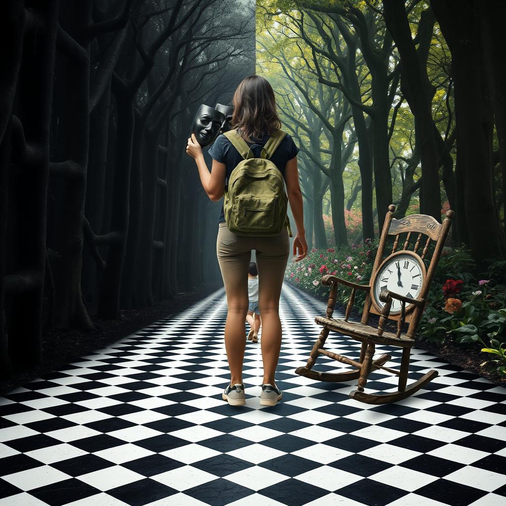 A magical forest divided in half: the left side is a labyrinth of shadows and darkness, evoking a heavy and melancholic atmosphere filled with a sense of oppression and sadness