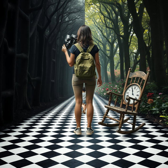 A magical forest divided in half: the left side is a labyrinth of shadows and darkness, evoking a heavy and melancholic atmosphere filled with a sense of oppression and sadness