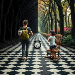 A magical forest divided in half: the left side is a labyrinth of shadows and darkness, evoking a heavy and melancholic atmosphere filled with a sense of oppression and sadness