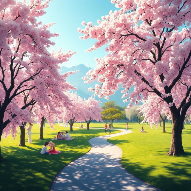 A serene and beautiful landscape depicting a peaceful park filled with cherry blossom trees in full bloom, with soft pink flowers cascading down