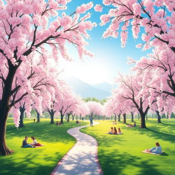 A serene and beautiful landscape depicting a peaceful park filled with cherry blossom trees in full bloom, with soft pink flowers cascading down