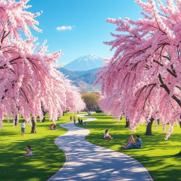 A serene and beautiful landscape depicting a peaceful park filled with cherry blossom trees in full bloom, with soft pink flowers cascading down