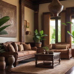 A traditional Javanese living room design filled with intricate, handcrafted Java craft furniture. The room is adorned with warm, earthy tones, fabrics rich in Batik patterns, vintage Java artworks, carved wooden details, and lush indoor plants for a tropical touch.