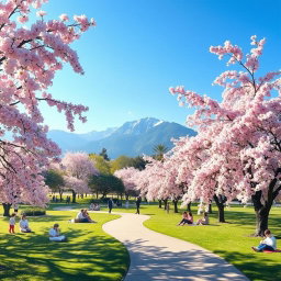 A serene and beautiful landscape depicting a peaceful park filled with cherry blossom trees in full bloom, with soft pink flowers cascading down