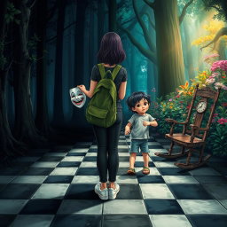 A magical forest divided into two distinct halves: the left side is enveloped in shadows and darkness, creating a heavy, melancholic atmosphere filled with a sense of sadness and oppression