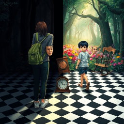 A magical forest divided into two distinct halves: the left side is enveloped in shadows and darkness, creating a heavy, melancholic atmosphere filled with a sense of sadness and oppression