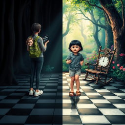 A magical forest divided into two distinct halves: the left side is enveloped in shadows and darkness, creating a heavy, melancholic atmosphere filled with a sense of sadness and oppression