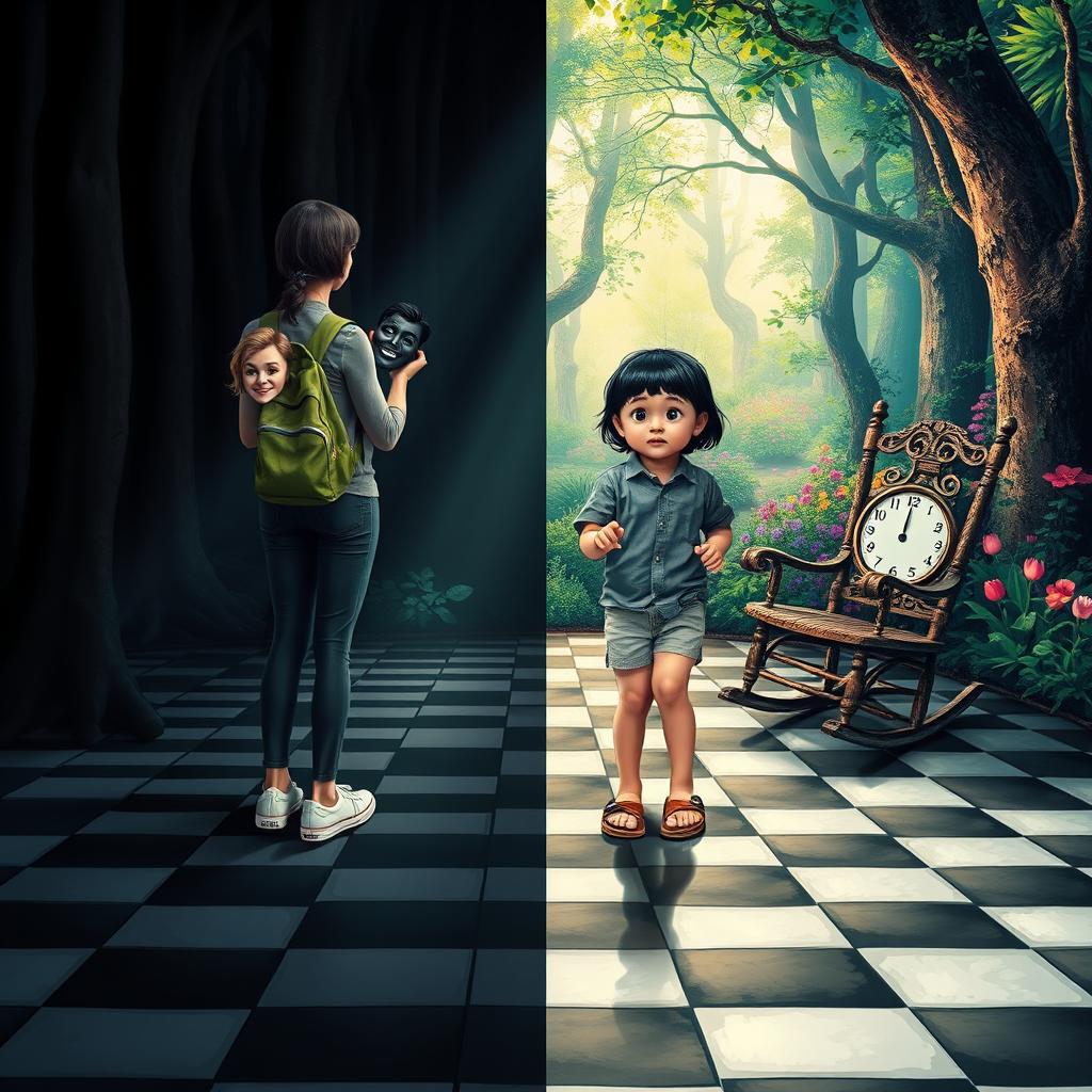 A magical forest divided into two distinct halves: the left side is enveloped in shadows and darkness, creating a heavy, melancholic atmosphere filled with a sense of sadness and oppression