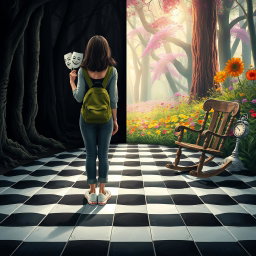 A magical forest divided into two distinct halves: the left side is enveloped in shadows and darkness, creating a heavy, melancholic atmosphere filled with a sense of sadness and oppression