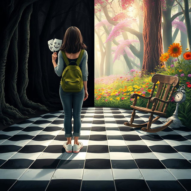 A magical forest divided into two distinct halves: the left side is enveloped in shadows and darkness, creating a heavy, melancholic atmosphere filled with a sense of sadness and oppression