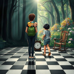 A magical forest divided into two halves: the left side enveloped in shadows and darkness, creating a heavy, melancholic atmosphere filled with sadness and oppression
