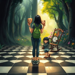 A magical forest divided into two halves: the left side enveloped in shadows and darkness, creating a heavy, melancholic atmosphere filled with sadness and oppression