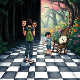 A magical forest divided into two halves: the left side enveloped in shadows and darkness, creating a heavy, melancholic atmosphere filled with sadness and oppression