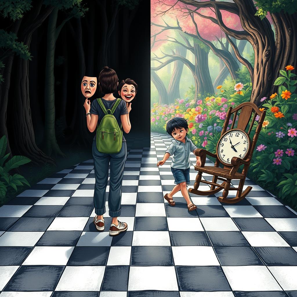 A magical forest divided into two halves: the left side enveloped in shadows and darkness, creating a heavy, melancholic atmosphere filled with sadness and oppression