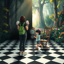 A magical forest divided into two halves: the left side enveloped in shadows and darkness, creating a heavy, melancholic atmosphere filled with sadness and oppression