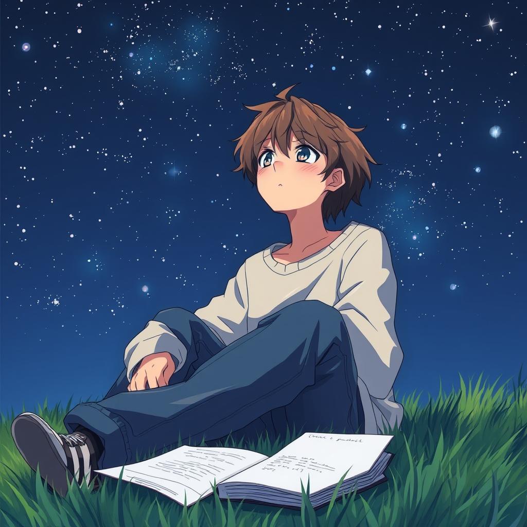 A 15 or 16-year-old teenager in a realistic anime style, sitting on the grass under a starry night sky