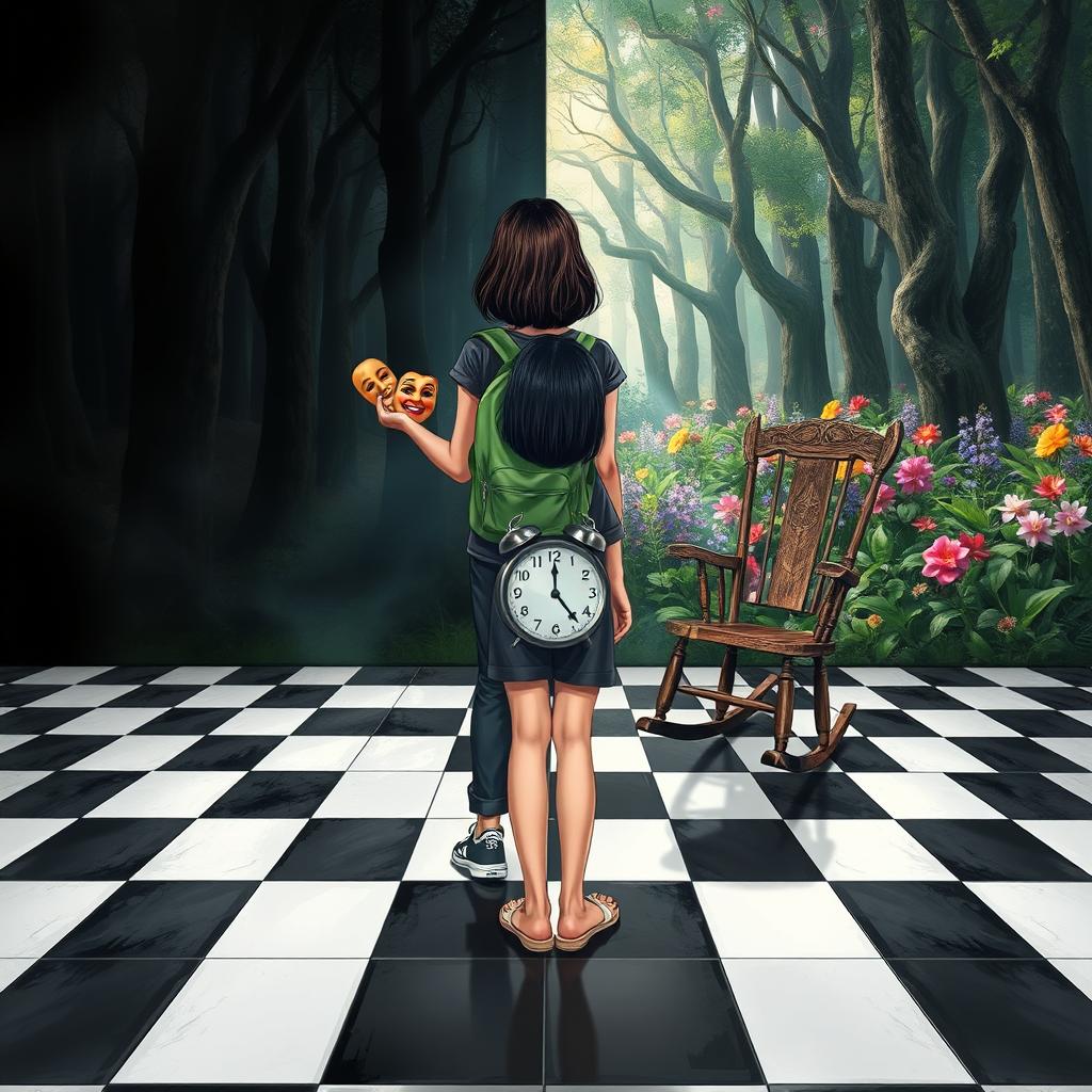 A magical forest divided into two halves: the left side shrouded in shadows and darkness, creating a heavy, melancholic atmosphere filled with sadness and oppression