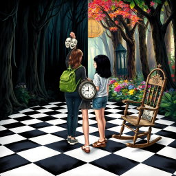 A magical forest divided into two halves: the left side shrouded in shadows and darkness, creating a heavy, melancholic atmosphere filled with sadness and oppression