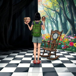 A magical forest divided into two halves: the left side shrouded in shadows and darkness, creating a heavy, melancholic atmosphere filled with sadness and oppression