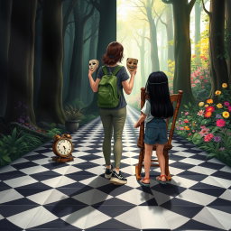 A magical forest divided into two halves: the left side shrouded in shadows and darkness, creating a heavy, melancholic atmosphere filled with sadness and oppression