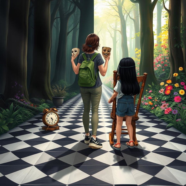A magical forest divided into two halves: the left side shrouded in shadows and darkness, creating a heavy, melancholic atmosphere filled with sadness and oppression