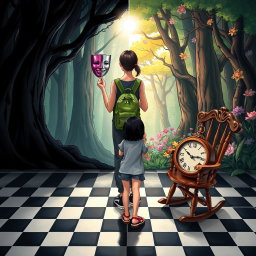 A magical forest divided into two sides: the left side draped in shadows and darkness, creating a heavy, melancholic atmosphere filled with sadness