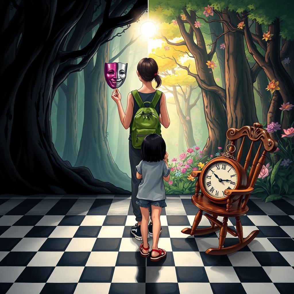 A magical forest divided into two sides: the left side draped in shadows and darkness, creating a heavy, melancholic atmosphere filled with sadness