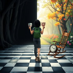 A magical forest divided into two sides: the left side draped in shadows and darkness, creating a heavy, melancholic atmosphere filled with sadness