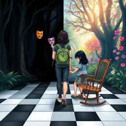 A magical forest divided into two sides: the left side draped in shadows and darkness, creating a heavy, melancholic atmosphere filled with sadness
