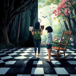 A magical forest divided into two sides: the left side draped in shadows and darkness, creating a heavy, melancholic atmosphere filled with sadness