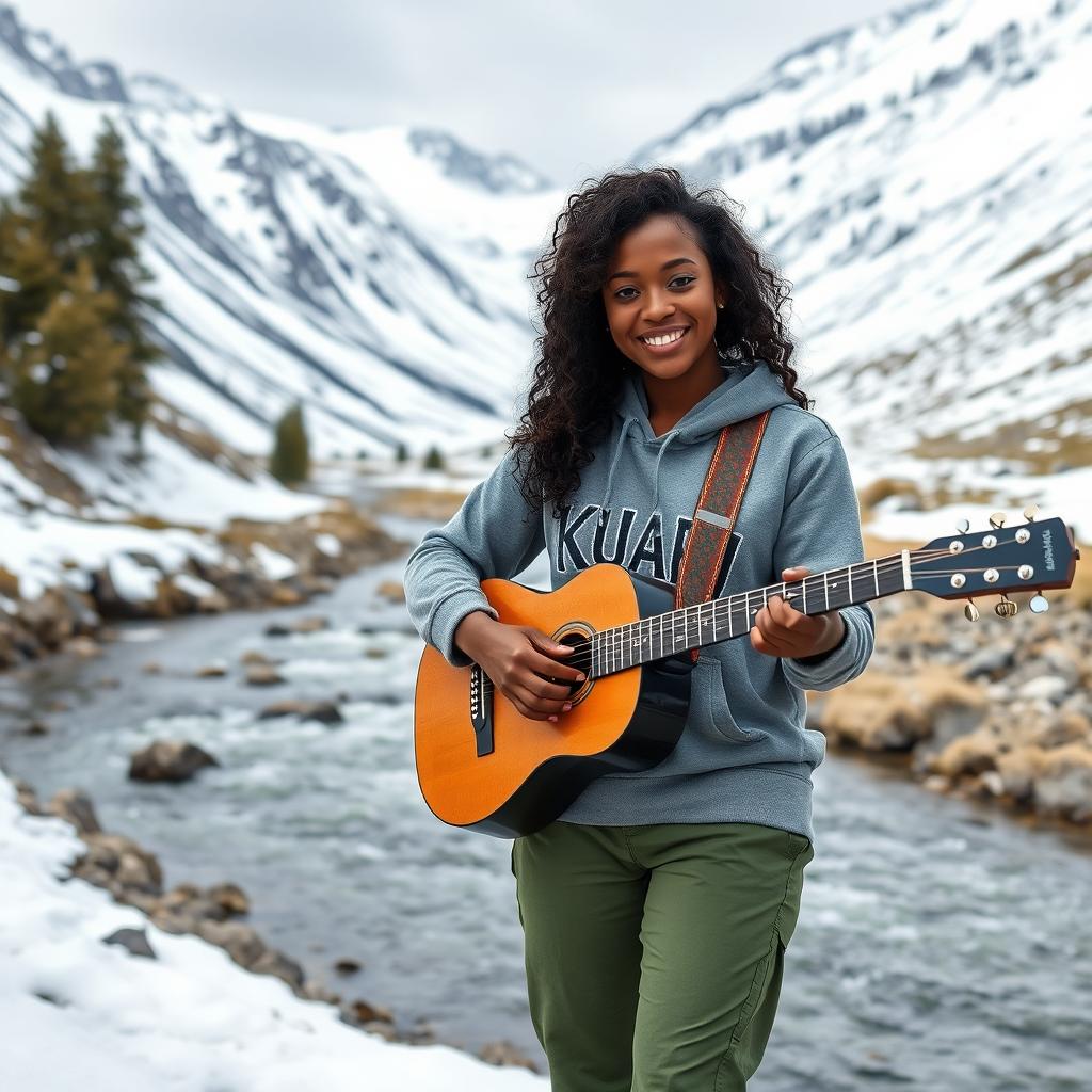 At the edge of a small river nestled in a snow-capped mountain, there is a beautiful woman with curly hair and dark skin