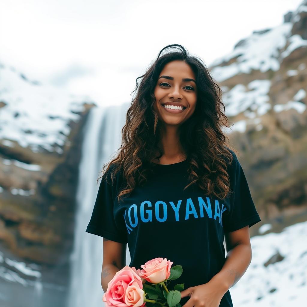 A beautiful woman with long curly hair and dark skin standing next to a waterfall situated in a snowy mountain landscape