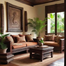 A traditional Javanese living room design filled with intricate, handcrafted Java craft furniture. The room is adorned with warm, earthy tones, fabrics rich in Batik patterns, vintage Java artworks, carved wooden details, and lush indoor plants for a tropical touch.