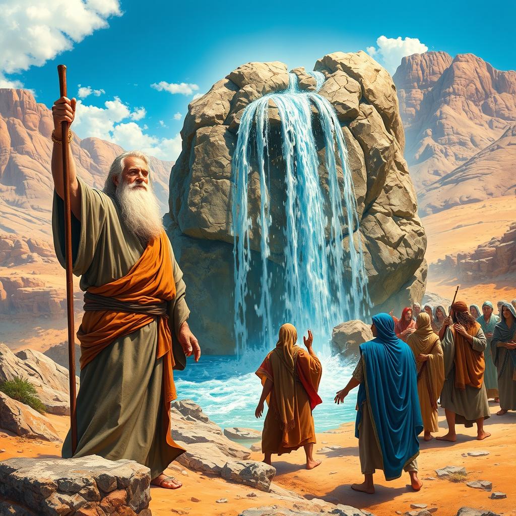 A stunning and vivid depiction of a biblical scene where Moses, depicted as an elderly man with a long beard and wearing ancient robes, stands before a large, rugged stone
