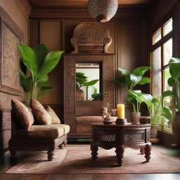 A traditional Javanese living room design filled with intricate, handcrafted Java craft furniture. The room is adorned with warm, earthy tones, fabrics rich in Batik patterns, vintage Java artworks, carved wooden details, and lush indoor plants for a tropical touch.