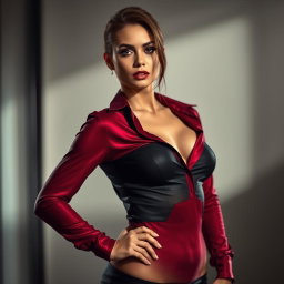 A fashion model confidently posing in a tight, sexy, provocative shirt that accentuates their curves