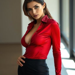 A fashion model confidently posing in a tight, sexy, provocative shirt that showcases their figure