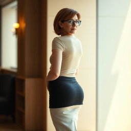 A glamorous middle-aged European woman, approximately 45 years old, with white skin, showcasing her form in a tight, sexy cleavage-enhancing shirt that emphasizes her curves