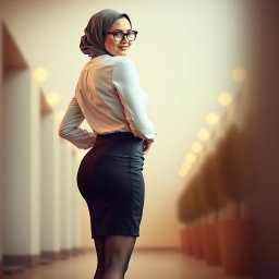 An elegant European woman, approximately 45 years old, with white skin, standing confidently in a tight, sexy cleavage-enhancing shirt that accentuates her curves
