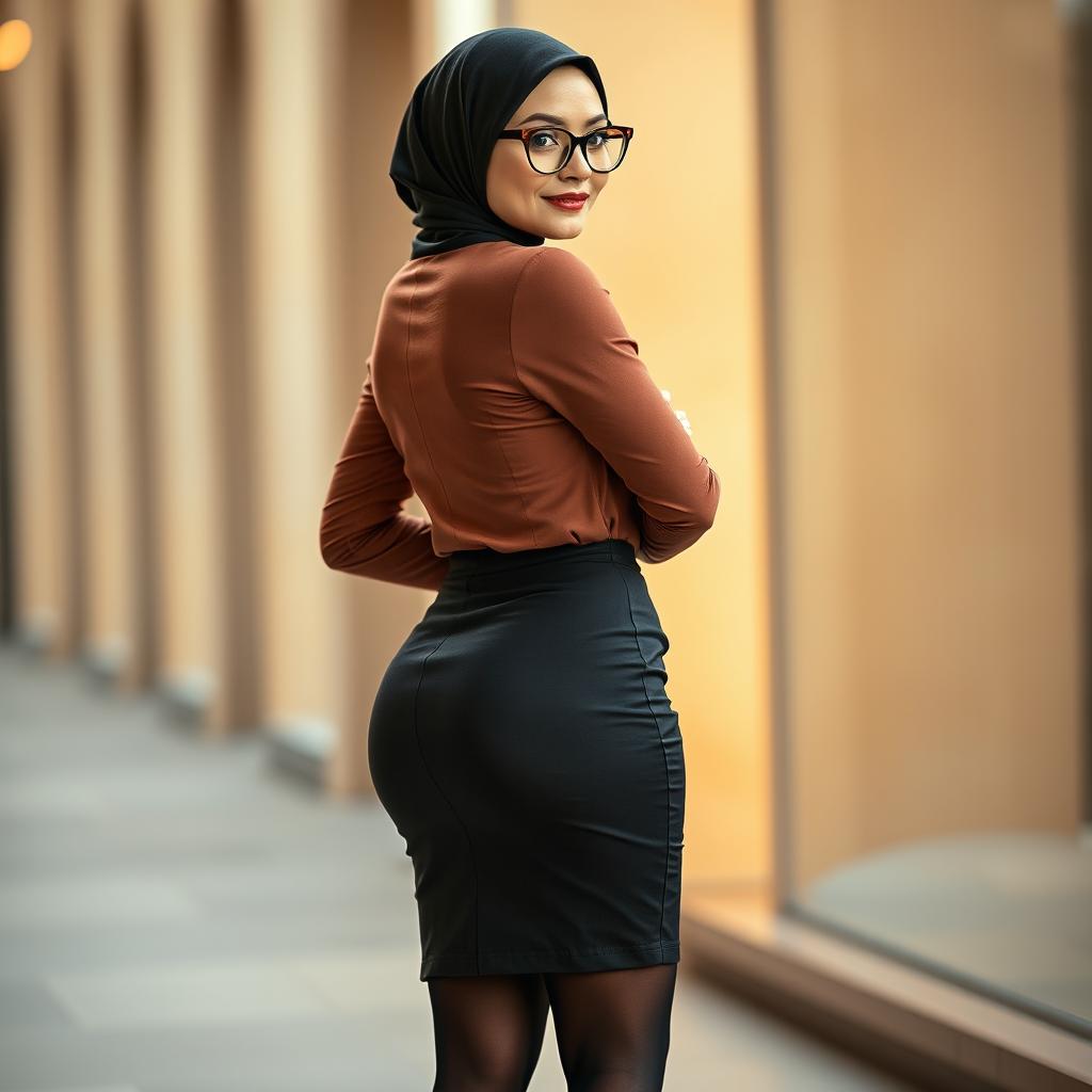 An elegant European woman, approximately 45 years old, with white skin, standing confidently in a tight, sexy cleavage-enhancing shirt that accentuates her curves