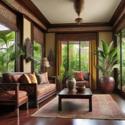 An intricate and warm design for a Javanese and tropical fusion living room. Features include handcrafted Java craft furniture, tropical plants adding lush greenery, Batik patterned fabrics, traditional Javanese artworks, and rich, natural materials like wood and bamboo.