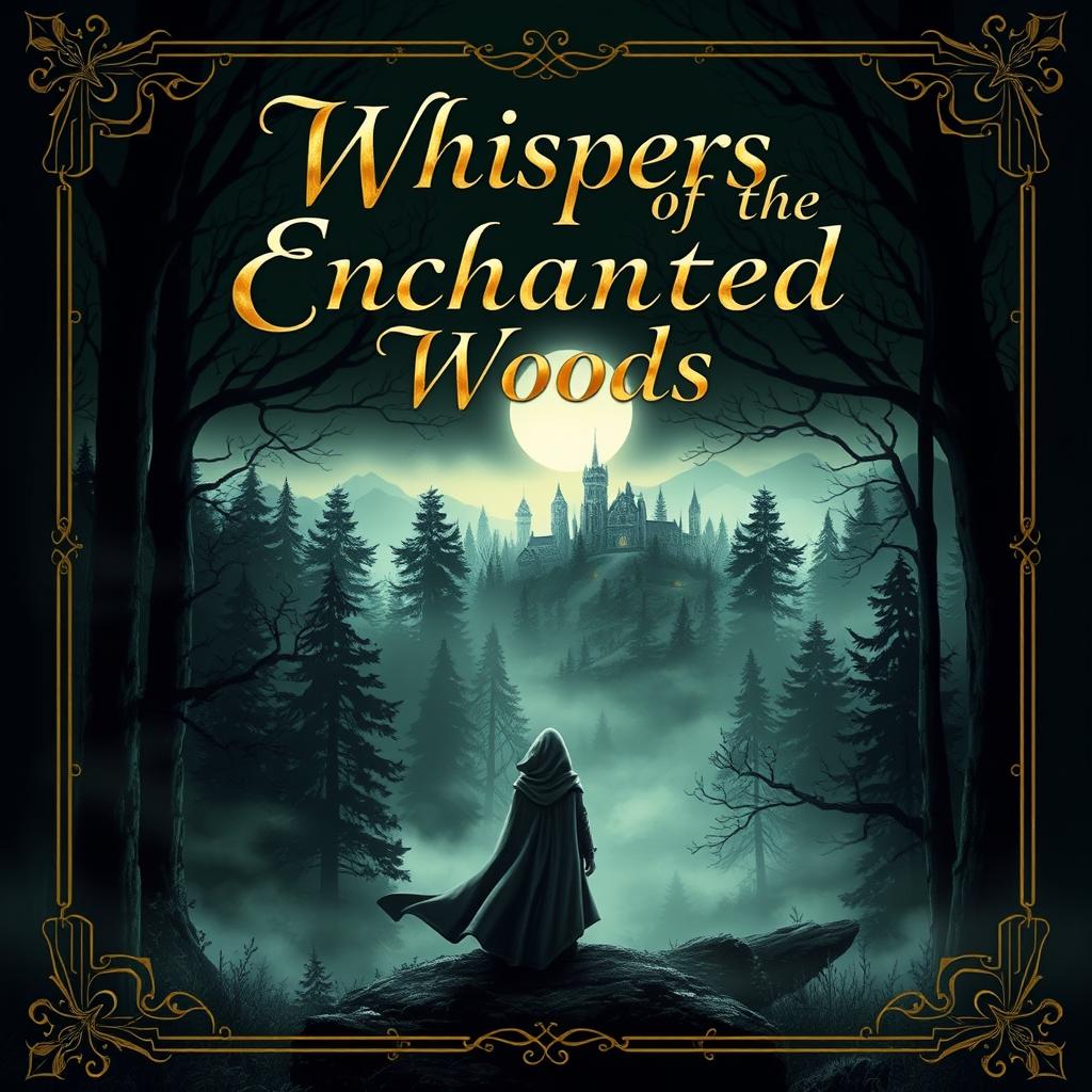 A captivating book cover design featuring a mysterious forest shrouded in mist and illuminated by soft moonlight