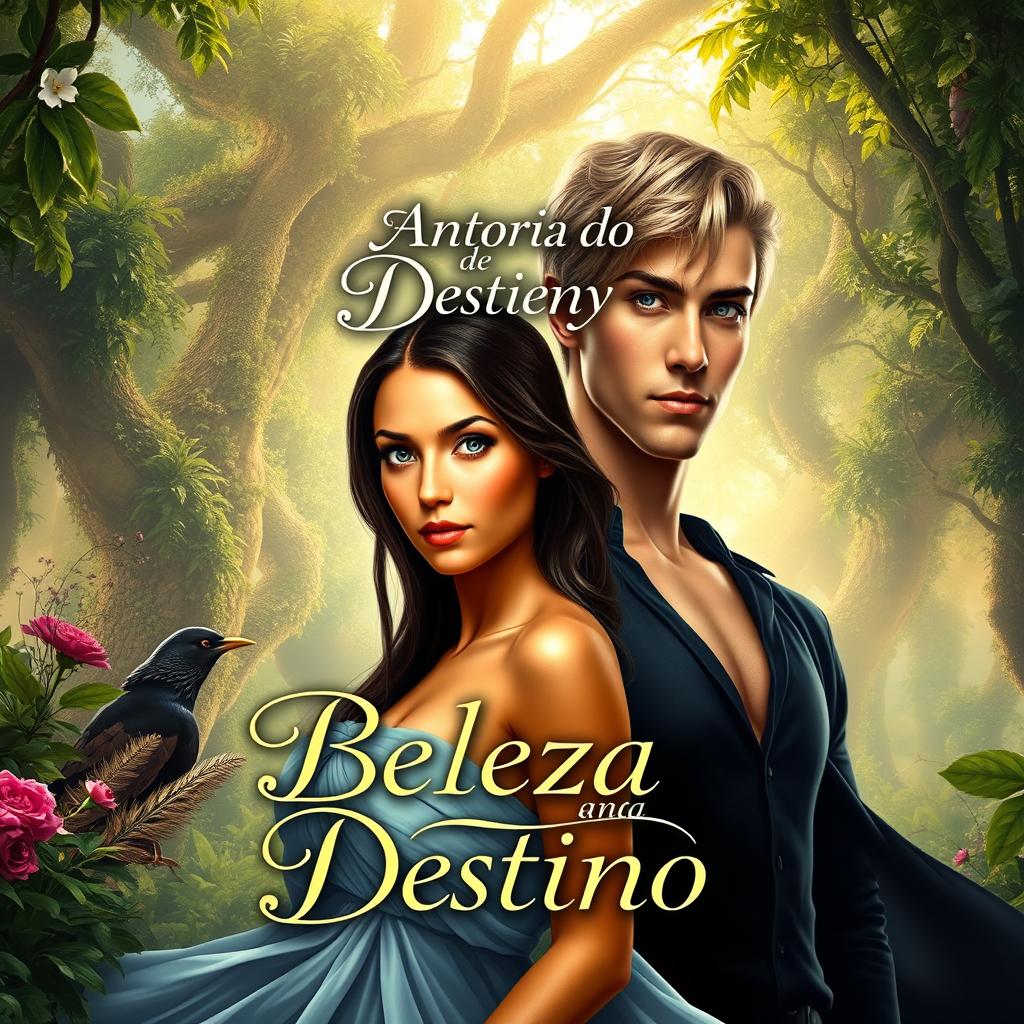 A stunning book cover design featuring two characters, Victória and Antony, set against a lush, enchanting backdrop
