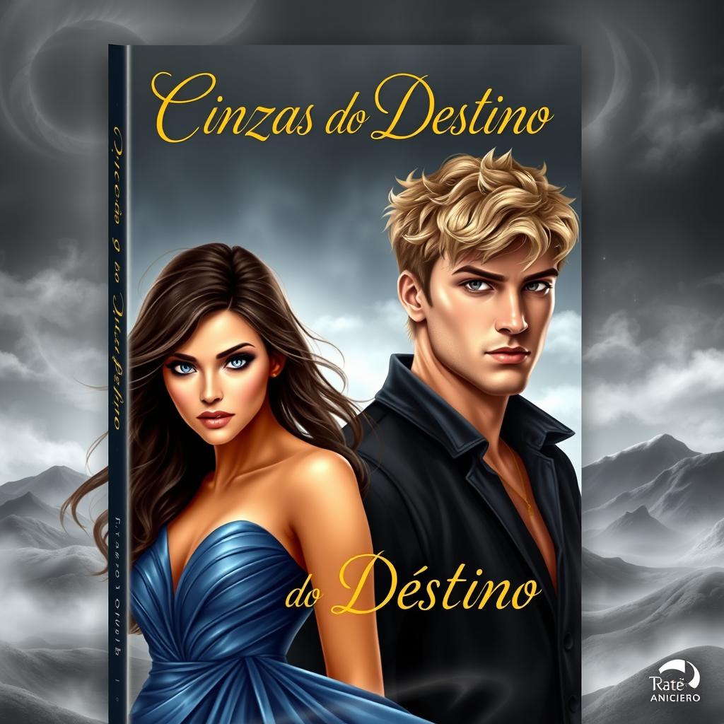 A mesmerizing book cover design for 'Cinzas do Destino', featuring two striking characters, Victória and Antony