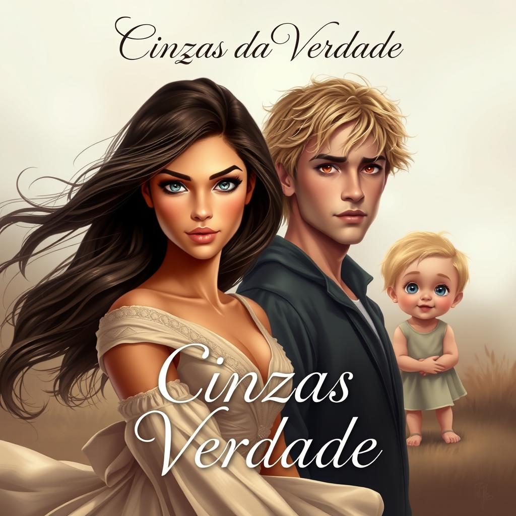 A beautiful book cover design for 'Cinzas da Verdade', featuring the two main characters, Victória and Antony