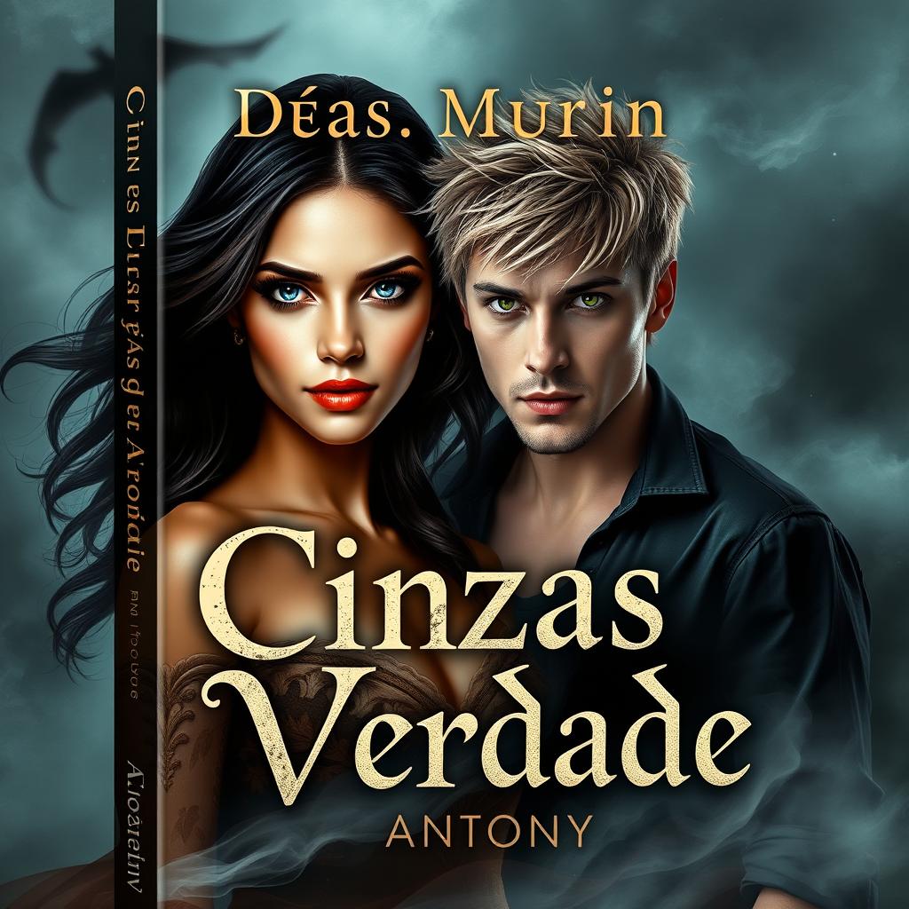 An impactful book cover design for 'Cinzas da Verdade', featuring the enchanting characters Victória and Antony, shrouded in an air of mystery