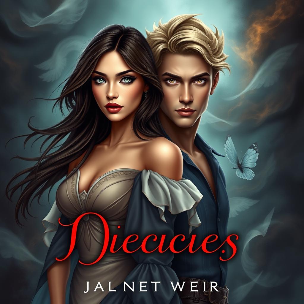 A captivating book cover design featuring a beautiful 23-year-old female character, standing at 1
